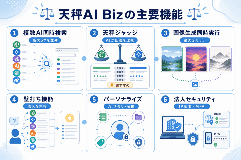 天秤AI Bizの6つの主要機能を一覧化した図解