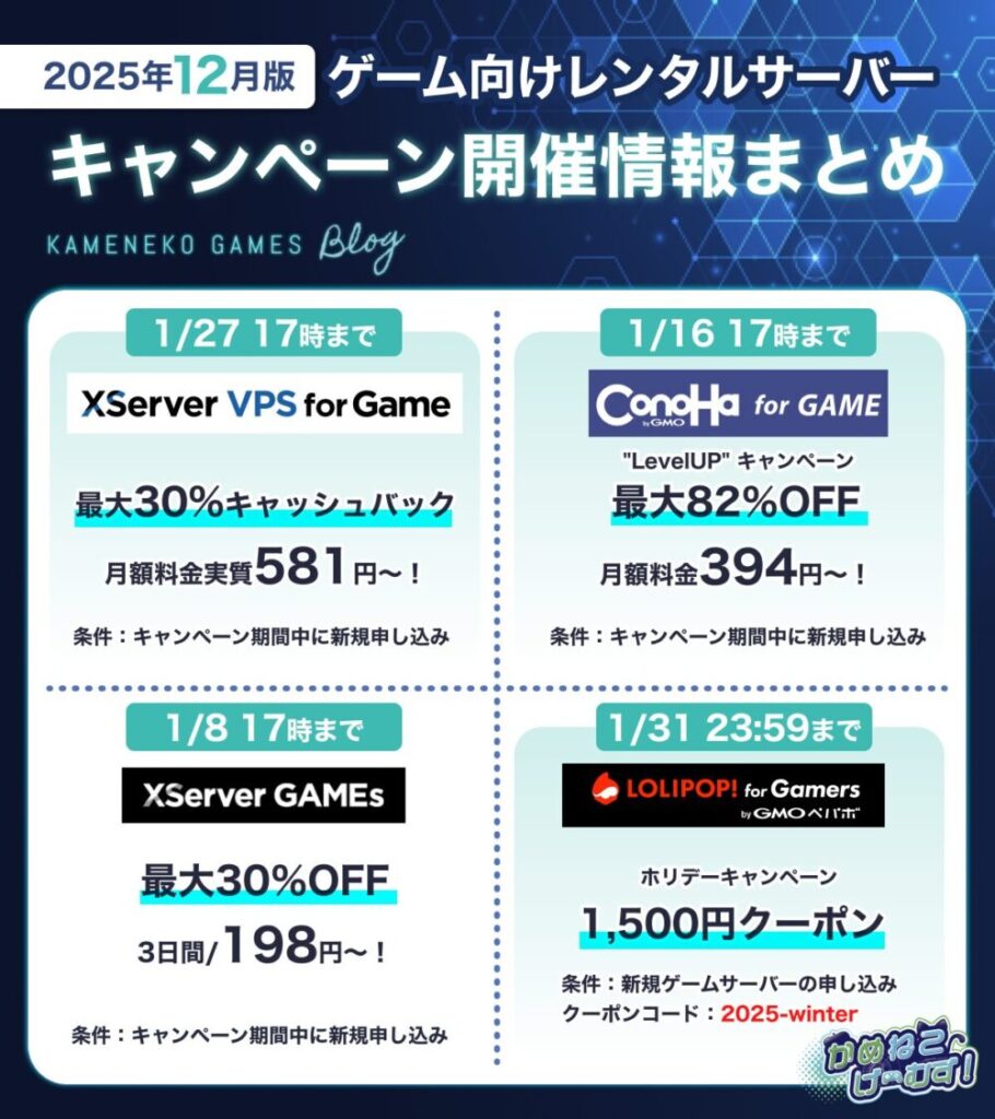 ゲーム用レンタルサーバーまとめ＆キャンペーン情報速報