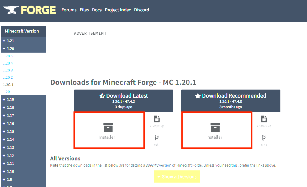 Forgeインストーラーをダウンロードする