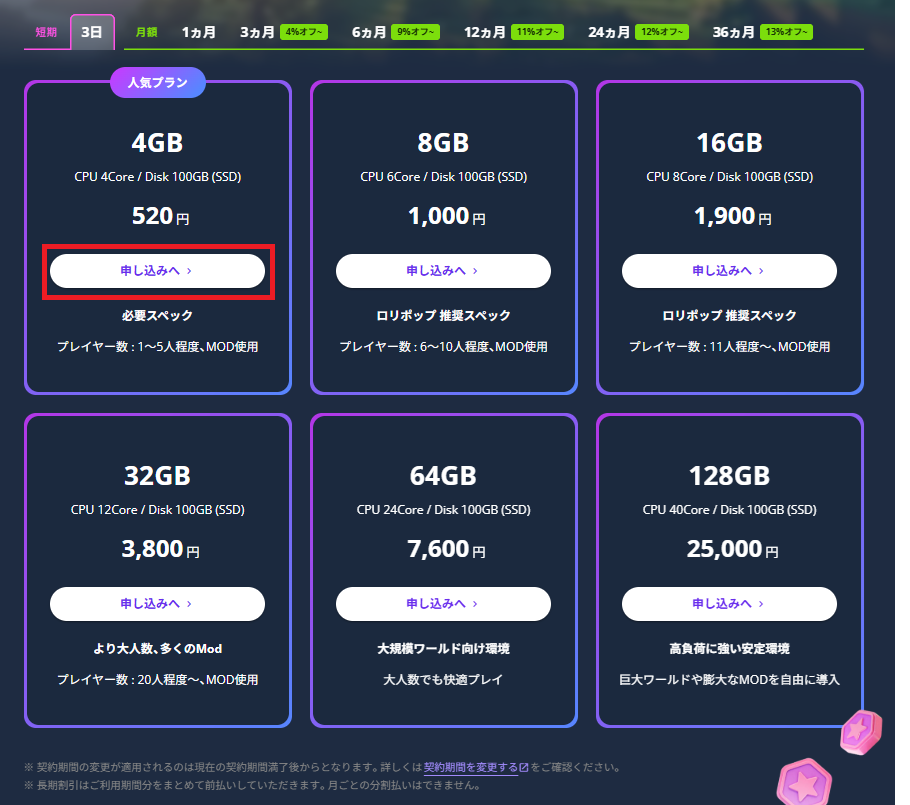 ロリポップ! for Gamers RAM別プラン選択画面(4GB 520円)