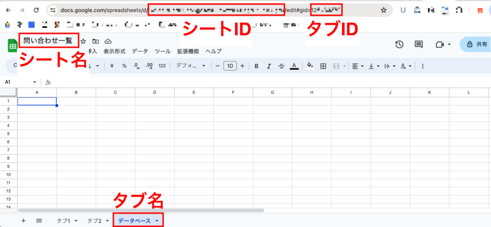 スプレッドシートのシートとタブの名前とID